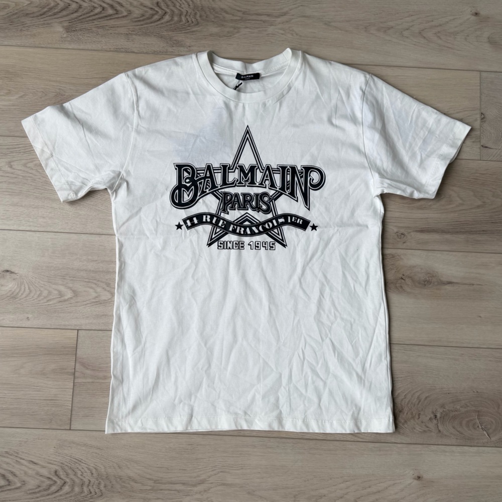 Balmain Paris Graphic Logo T-Shirt‎ White Size M NWT